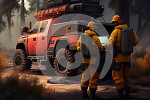 Search and rescue team. A group of rangers on a four-wheel drive specially equipped SUV using tablets with satellite