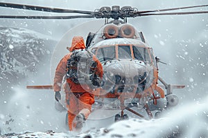 Search and rescue work in the mountains. Red chopper seeks survivors.