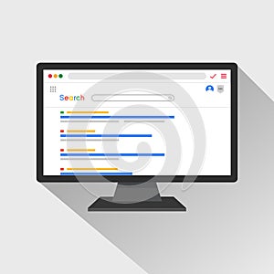Search result concept on pc monitor screen vector illustration. Computer program for browsing onto internet system concept