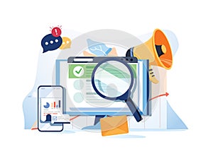 Search result optimization SEO marketing analytics flat vector banner with icons. SEO performance, targeting