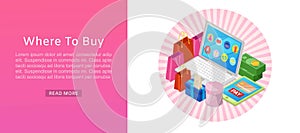 Search sales online stores 3d isometric concept with laptop, shopping bags and money vector web template illustration.