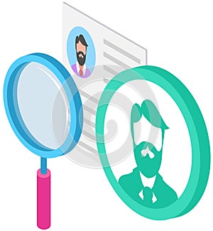 Search social profile, recruitment. Page with social network, human avatar and magnifying glass