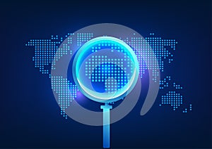 Search technology A magnifying glass that looks at the world map It means that information can be found all over the world through