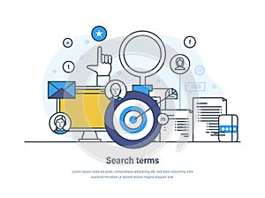 Search terms, keyword research optimization service web banner. Seo keywording analysis process, optimization marketing landing