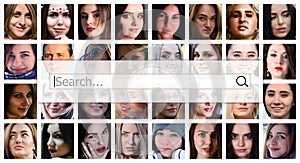 Search. The text is displayed in the search box on the background of a collage of many square female portraits. The concept of se
