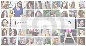 Search. The text is displayed in the search box on the background of a collage of many square female portraits. The concept of se