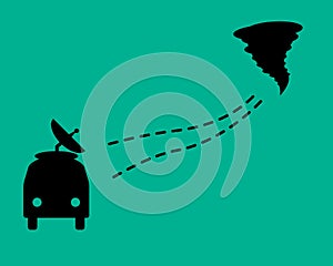 Search for tornadoes. A car with a dotted line and tornado. Flat design