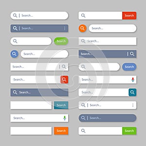 Search ui. Internet searching bars with buttons, web browser interface boxes for site menu. Isolated vector template