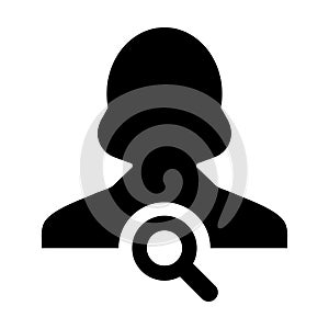 Search user icon vector female person profile avatar symbol with magnifying glass in flat color glyph pictogram