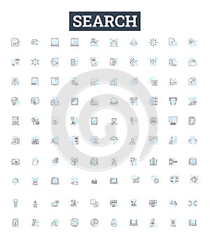 Search vector line icons set. Search, Find, Seek, Retrieve, Explore, Locate, Inquire illustration outline concept