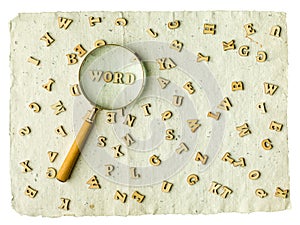 Search WORD magnifier word and letters on a vintage paper