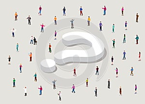 Searching for answer concept with big question mark and people circle around with modern isometric style