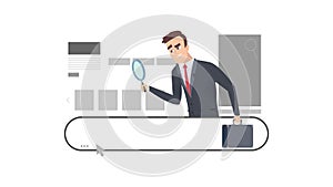 Searching in browser. Man look search bar with magnifying glass. Business man finding information online vector concept