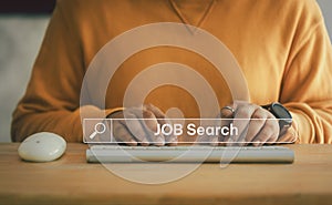 Searching browsing internet data information about job with search bar. Man use keywords to search for information