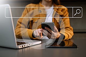 Searching Browsing Internet Data Information Networking Concept. with mobile and computer virtual icon in office