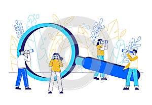 Searching characters, people looking smth with huge magnifying glass. Looking new idea, opportunities or human resources vector