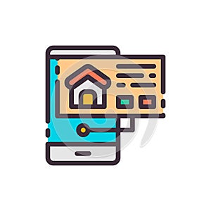 Searching and choosing house in phone. Vector color icon.