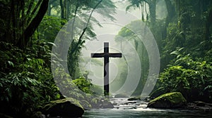 Searching for Christ, a journey towards Faith. A Cross in the luxurious green rain forest among the trees
