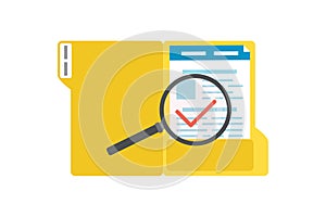 Searching file banner. Cartoon magnifying glass and yellow open folder with documents. File manager, data storage