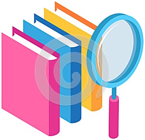 Searching for information in books, literature in library with magnifying glass, knowledge