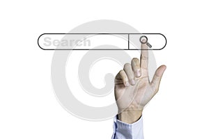 Searching information network concept with copy space ,  Businessman using hand input keyword and click to virtual internet search