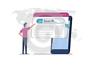 Searching information network concept, virtual internet search page on smartphone screen, web search engine and SEO keyword search