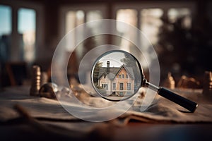 Searching with magnifying glass. Magnifying house concept. Generative AI