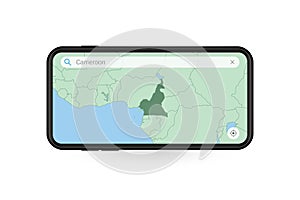 Searching map of Cameroon in Smartphone map application. Map of Cameroon in Cell Phone