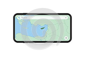 Searching map of Cyprus in Smartphone map application. Map of Cyprus in Cell Phone