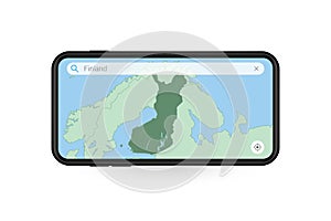 Searching map of Finland in Smartphone map application. Map of Finland in Cell Phone