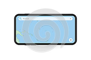 Searching map of Kiribati in Smartphone map application. Map of Kiribati in Cell Phone