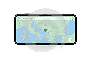 Searching map of Montenegro in Smartphone map application. Map of Montenegro in Cell Phone