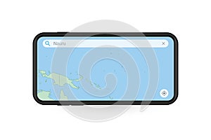 Searching map of Nauru in Smartphone map application. Map of Nauru in Cell Phone