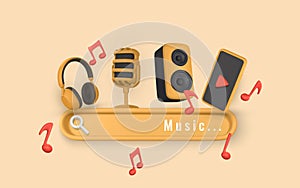 Searching for a music concept with search tab. Headphone, audio speaker, microphone and phone in 3d style. Vector illustration