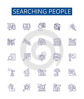 Searching people line icons signs set. Design collection of Find, Seek, Locate, Hunt, Uncover, Track, Trace, Scan