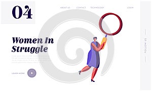 Searching Things and Ideas Website Landing Page. Businesswoman Holding Huge Magnifying Glass. Analyzing Tool