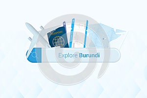 Searching tickets to Burundi or travel destination in Burundi. Searching bar with airplane, passport, boarding pass, tickets and