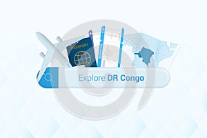 Searching tickets to DR Congo or travel destination in DR Congo. Searching bar with airplane, passport, boarding pass, tickets and