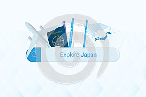 Searching tickets to Japan or travel destination in Japan. Searching bar with airplane, passport, boarding pass, tickets and map