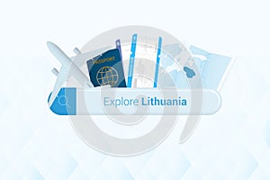 Searching tickets to Lithuania or travel destination in Lithuania. Searching bar with airplane, passport, boarding pass, tickets