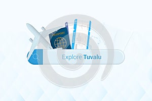 Searching tickets to Tuvalu or travel destination in Tuvalu. Searching bar with airplane, passport, boarding pass, tickets and map