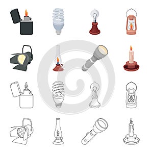 Searchlight, kerosene lamp, candle, flashlight.Light source set collection icons in cartoon,outline style vector symbol