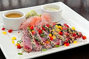 Seared Ahi Tuna with Ginger, Wasabi & Sauces -full photo
