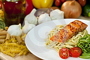 Seared Chili Salmon With Spaghetti & Rocket photo