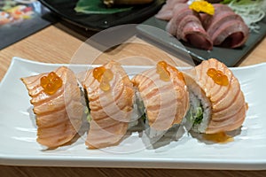 Seared Salmon Sushi Nigiri Roll Closeup