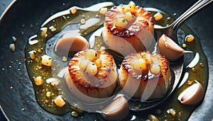 Seared scallops with garnishes are served on a dark plate with a sauce