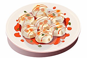 seared scallops with sauce and petals on plate isolated illustration