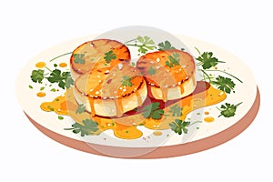 seared scallops with sauce and petals on plate isolated vector style illustration