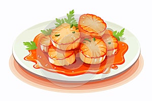 seared scallops with sauce and petals on plate isolated vector style illustration