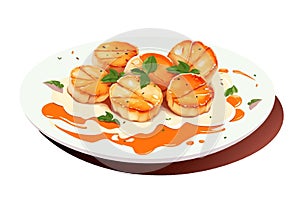 seared scallops with sauce and petals on plate isolated vector style illustration
